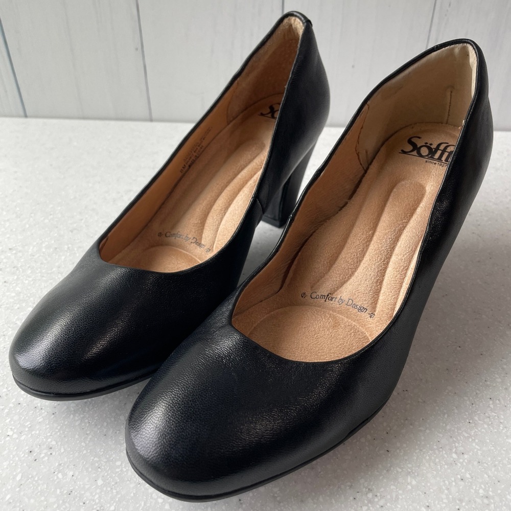 Sofft Black Leather Block Heel Pumps Round Toe Comfort 8M Office Siren Executive